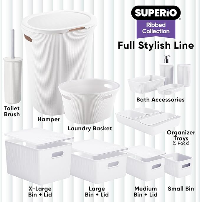 Superio Ribbed Collection - Decorative Plastic Basket Open Home Storage Bins Organizer, Large White (2 Pack) Container Boxes for Organizing Closet Storage Bins for Shelves 15 Liter/16 Quart