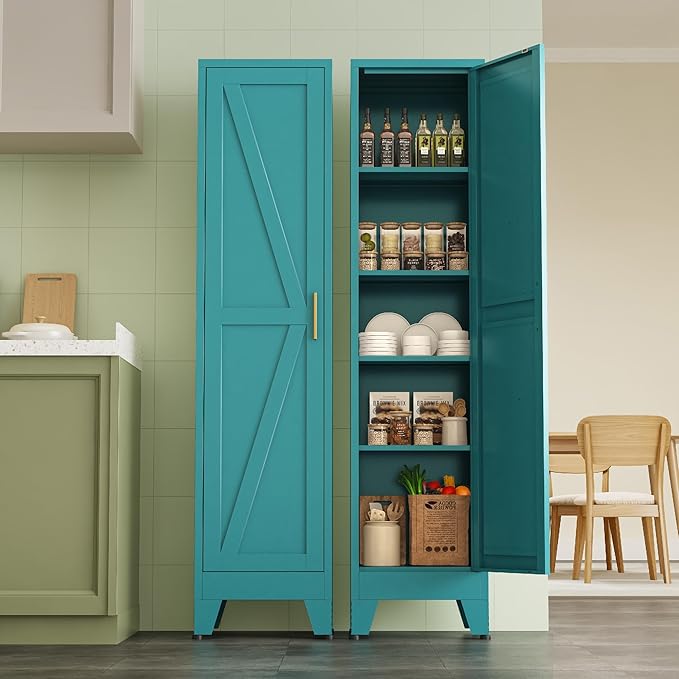 White Narrow Metal Storage Cabinet, Tall Freestanding Cabinet with 4 Adjustable Shelves & Barn Doors, Pantry Organizer for Bathroom Kitchen Home Office Dining Room(1PC,Blue