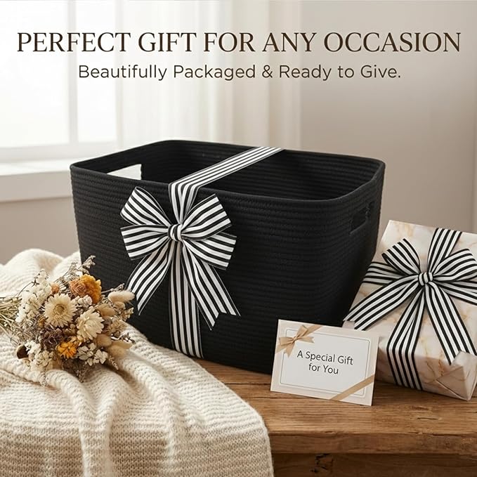 Woven Blanket Basket,65L Large Storage Bin for Blankets Toys Clothes,Decorative Rope Basket for Living Room Bedroom with Handles, Black