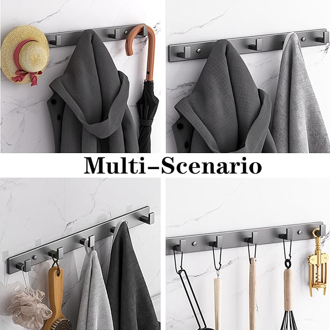 Coat Rack, Heavy Duty Stainless Steel 4 Tri Coat Hook Hanger, Wall Mounted Storage Wall Hooks, Rustic Clothes Hook/Key Hook Rail for Bathroom Kitchen Entryway(4 Hook Grey)