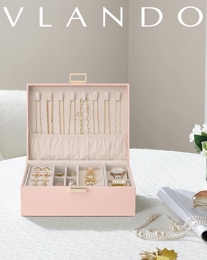 Vlando 2 Layer Jewelry Box Large Jewelry Organizer for Women Removable Jewelery Tray with Watch Pillow for Necklace Earrings Rings Bracelets Jewelry Boxes for Christmas Gifts Mother's Day Gifts (Pink)