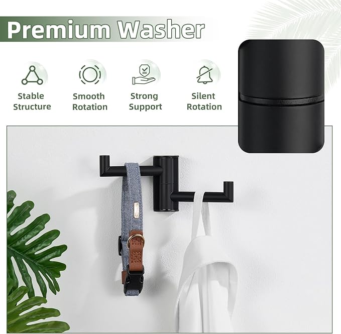 Matte Black Swivel Towel Hook 2 Arms, 304 Stainless Steel Bathroom Double Towel Holder, Wall Mounted