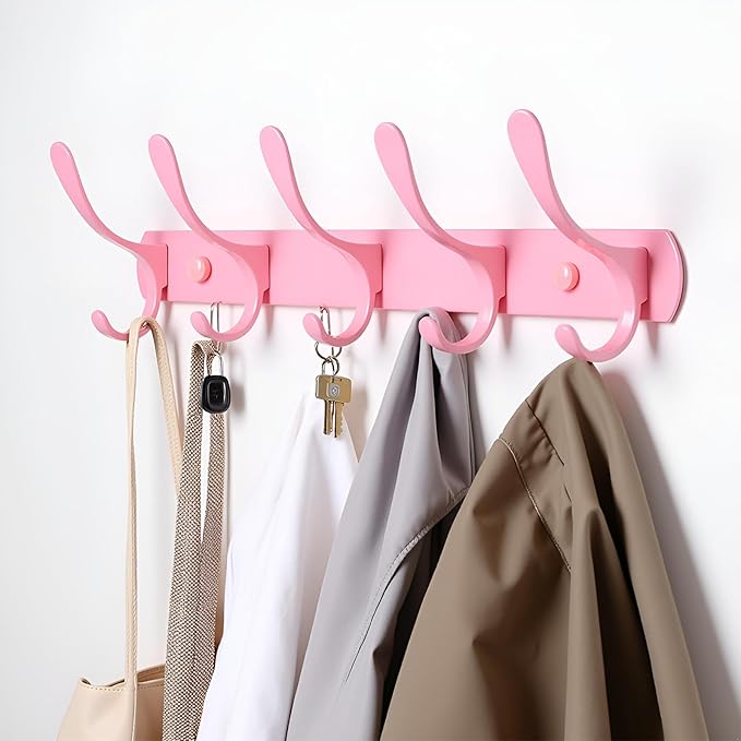 Eleckey Cute Pink Clothing Coat Rack, Wall Mounted Clothes Hooks Rack(Pink)