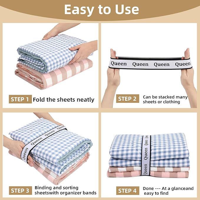 8Pcs Bed Sheet Organizer Bands Sheets Labels for Elastic Bedding Linen Closet Storage Foldable Sheet Set Organizer Sheet Keeper Band(Queen,King,Full,Twin)