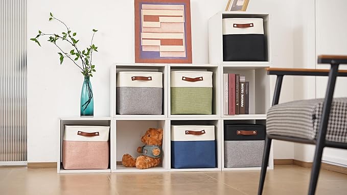 4-Pack Foldable Fabric Storage Cubes 11x11 Inch, Sturdy Cube Organizer Bins with Leather Handles, Storage Baskets for Closet Shelves and Home Organization(White/Gray)