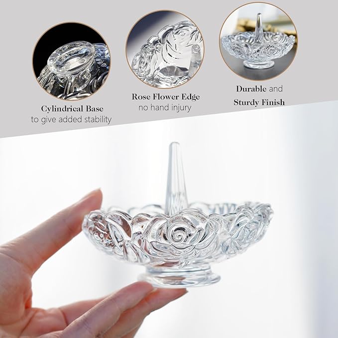 H&D HYALINE & DORA 4âClear Crystal Ring Holder,Round Glass Ring Dish,Jewelry Rack Ring Holder for Wedding,Jewelry Display Gifts for Mom Wife Girlfriend