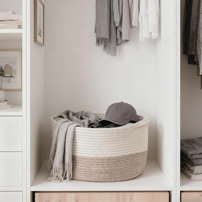 Storage Basket,Cotton Rope Woven Baskets for Organizing,Medium Soft Basket for Toys,Nursery,Bedroom, Gift Baskets for Home Decor,14"Ã11"Ã10",White-Brown