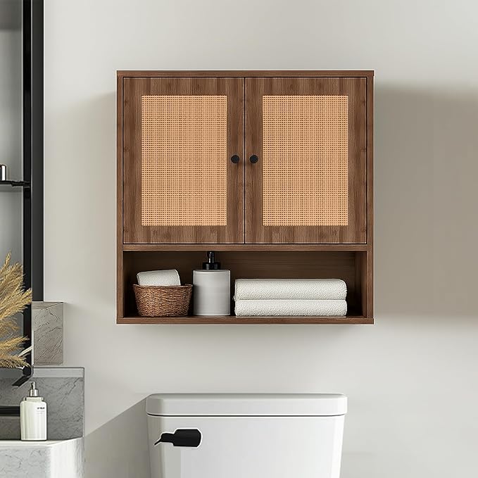 Wall Mounted Cabinet with Rattan Double Doors, 3-Tier Storage for Bathroom Over Toilet, Floating Shelf for Towels & Decor, Boho Medicine Cabinet for Kitchen, Dining Room, 23.23 x 7.68 x 24 in