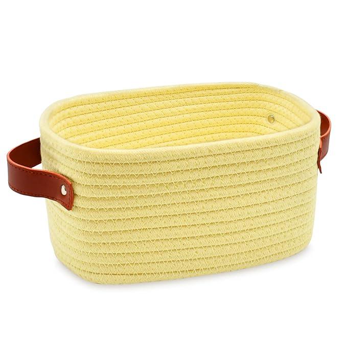 ABenkle Small Storage Basket, Mini Baskets with Handle, Cute Cotton Woven Baskets for Shelves, Boho Decorative Toy Storage Bin for Nursery, Spa, Empty Gift Basket - XS, Yellow
