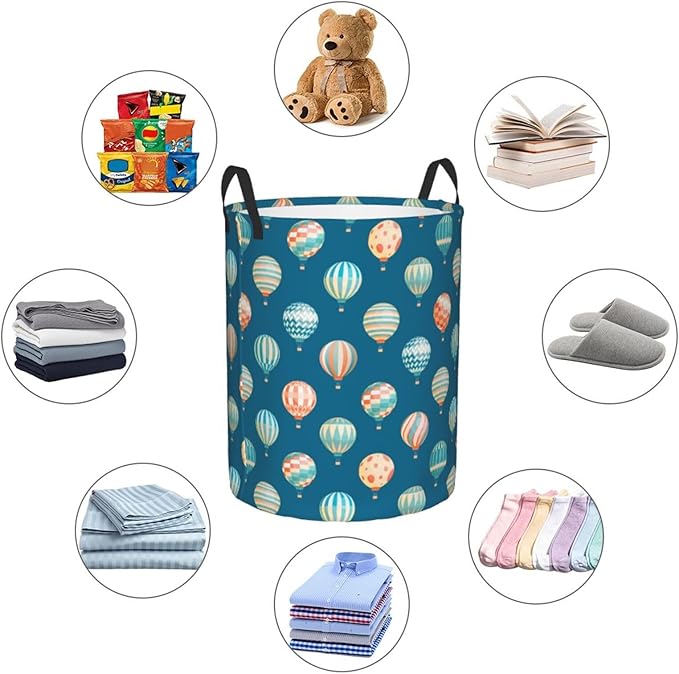 Cute Hot Air Balloons Round Laundry Hamper Storage Basket Toys Clothes Organizer Bin For Home Bathroom Bedroom Dorm Nursery, 62l