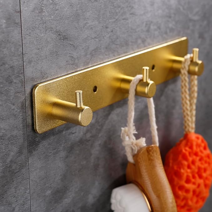 Adhesive Bathroom Gold Hook Rail, 3 Brushed Gold Wall Key Hooks Rack Hanger Towel Robe Stick Door Hooks for Bathroom Toilet Entryway Hallway Kitchen Wall Mounted