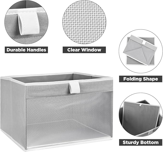 Linen Closet Organizers and Storage, Closet Storage Bins Basket Organizer, Foldable Organization Baskets with Mesh Window for Clothes Towels and Toys, 10.75" x 10.75" x 7.5", Gray, 4 pack