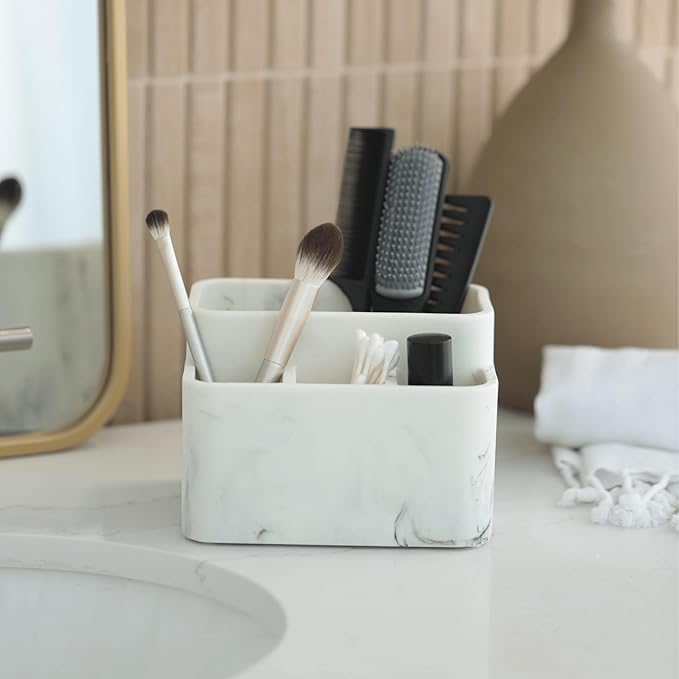 Essentra Home White Marble Toothbrush Holder and Bathroom Organizer – Keeps Your Bathroom Counter Organized and in Style.