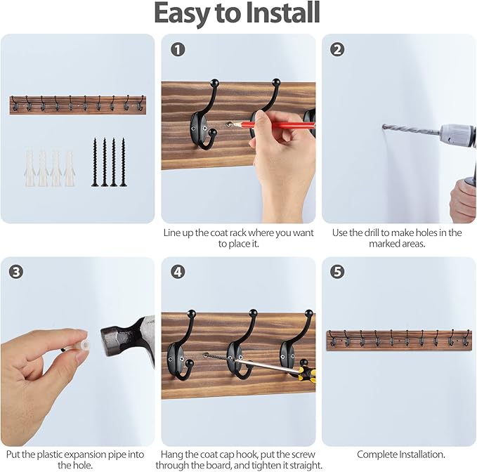 Coat Rack Wall Mounted,Vintage Wooden Coat Hooks for Wall,Heavy Duty 10 Dual Coat Hangers for Hanging Coats, Jacket,Hat,Clothes,Brown