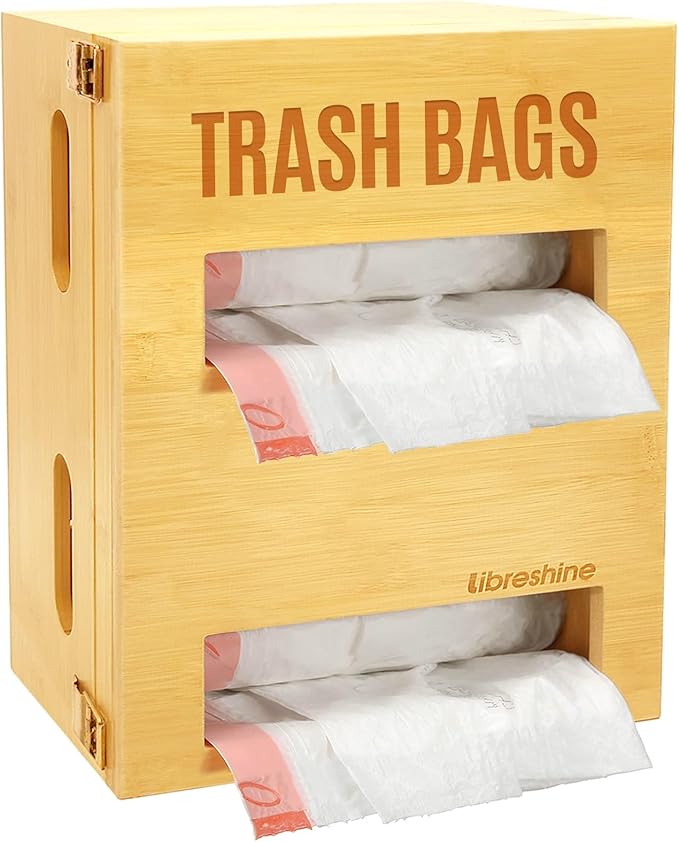 Bamboo Double Trash Bag Holder Dispenser – Wall Mount or Cabinet Storage for Kitchen/Pantry/Laundry, Holds 2 Standard Rolls – Space-Saving Garbage Bag Organizer with Easy Access
