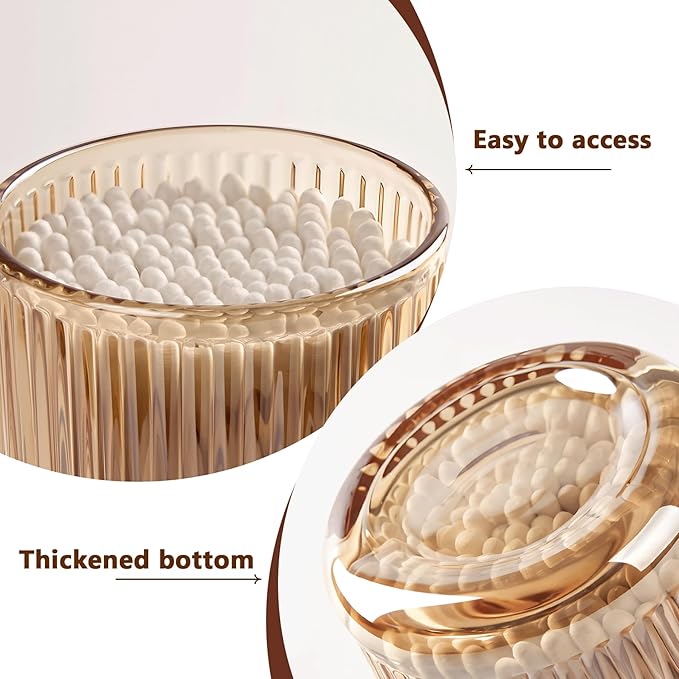 Qtip Holder for Bathroom set of 2,Bathroom Canisters with Lids,Clear Glass Apothecary Jars for Cotton Balls,Swabs,Floss Picks,Hair Ties,Vanity Organizer and Storage,Vintage Home Decor (Amber)