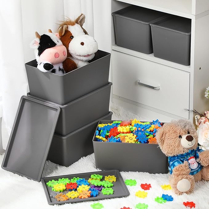 Menkxi 6 Pcs Storage Bins with Lids Small Plastic Storage Containers Stackable Storing Baskets Box Cute Organizer Bins for Organizing Shelves (Gray)