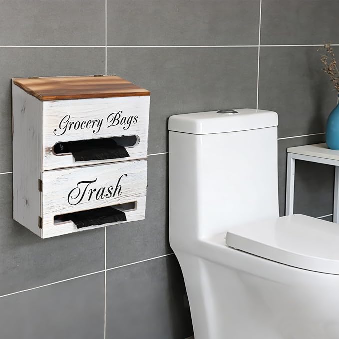 2 in 1 Trash Bag Dispenser, Double Wall Mounted,Wood Trash Bag Holder, used in kitchen, garage, laundry room, can store Environmentally friendly food bags (Vintage/Large(10inch*5.5inch*12.2inch))