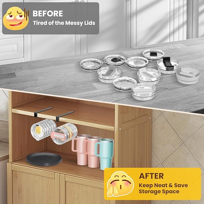 2 Pack Tumbler Lid Organizer, Under Cabinet Cup Lid Holder for Yeti Insulated Mug/Stanley Insulated Mug/Simple Modern Insulated Mug Lid, No Gluing, No Drilling, Up to 10 Lids (Black)