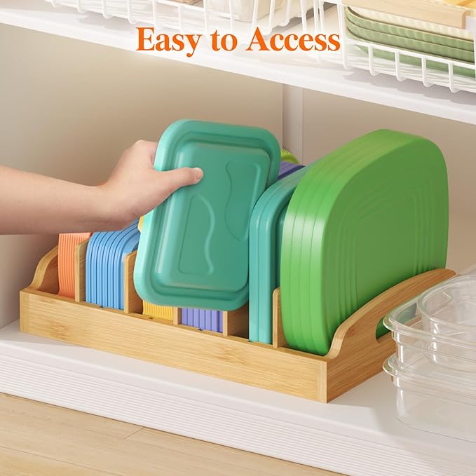 Lifewit Bamboo Lid Organizers for Inside Cabinet, Food Storage Container Lid Holder with 5 adjustable Inserts & 6 Compartments, Lid Storage for Kitchen Pantry Organization, 13.2" X 10"