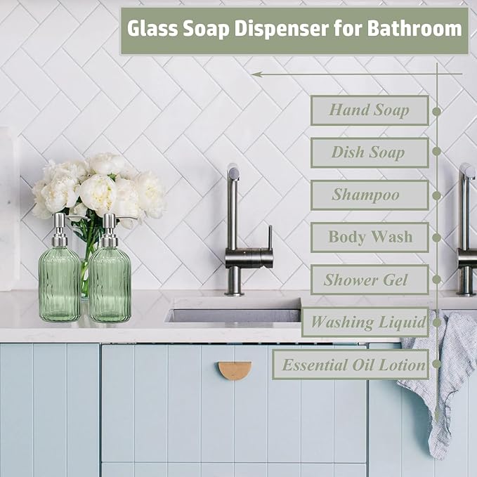 14Oz Green Soap Dispenser Bathroom - 2 Pack, Clear Glass Hand Soap Dispensers with Stainless Steel Pump, Refillable Dish Soap Dispenser for Kitchen, Countertop Soap Dispensers