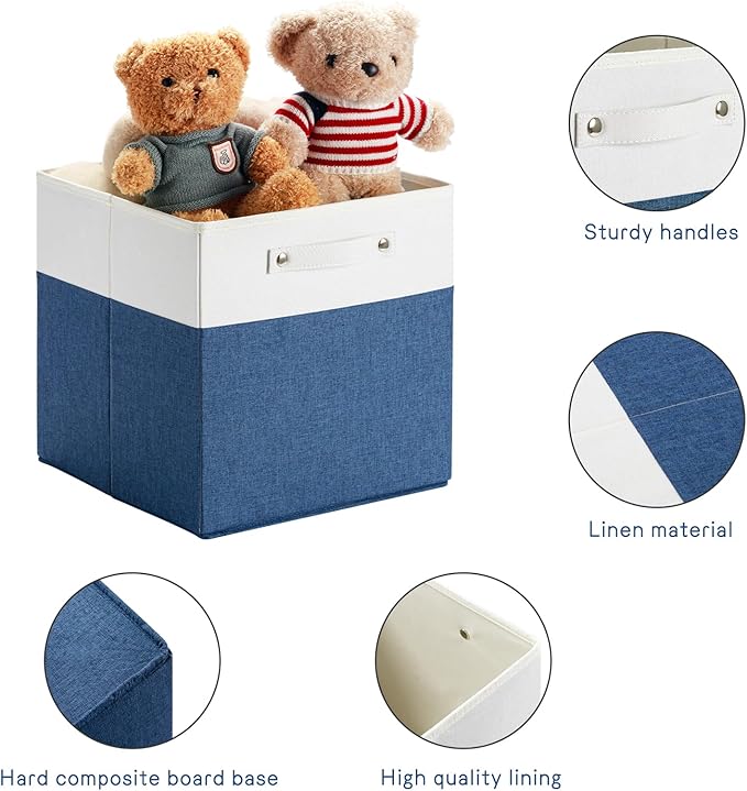 13 x 13 Inch Fine Linen Storage Bins with Handles,Fabric Cube Boxs,Basket Organizers for Shelves for Home, Closet Drawers (White/Blue-6 Pack)