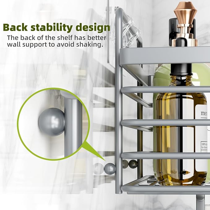 Yougai Shower Caddy, Shower Organizer with Soap Holder and Hooks, Rustproof Shower Shelves, No Drilling Bathroom Organizers and Storage, Wall-Mounted Kitchen & Home Decor (Light Grey)
