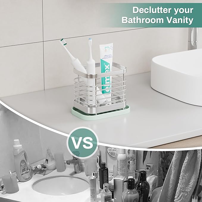 Tooth Brush Holder for Bathroom, Stainless Steel Shower Electric Toothbrush Holder Organizer Storage Cup with Tray, Kids Toothpaste Sink Caddy Stand, Silver Bathroom Countertop Accessories Decor