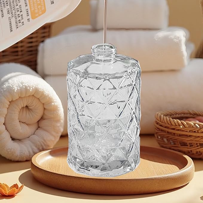 12Oz Clear Glass Soap Dispenser with Stainless Steel Pump, Refillable Kitchen Liquid Hand Soap Dispenser with Diamond Design, for Dispense Hand soap, Dish Soap, Lotion, Bathroom, Countertop, Hotel