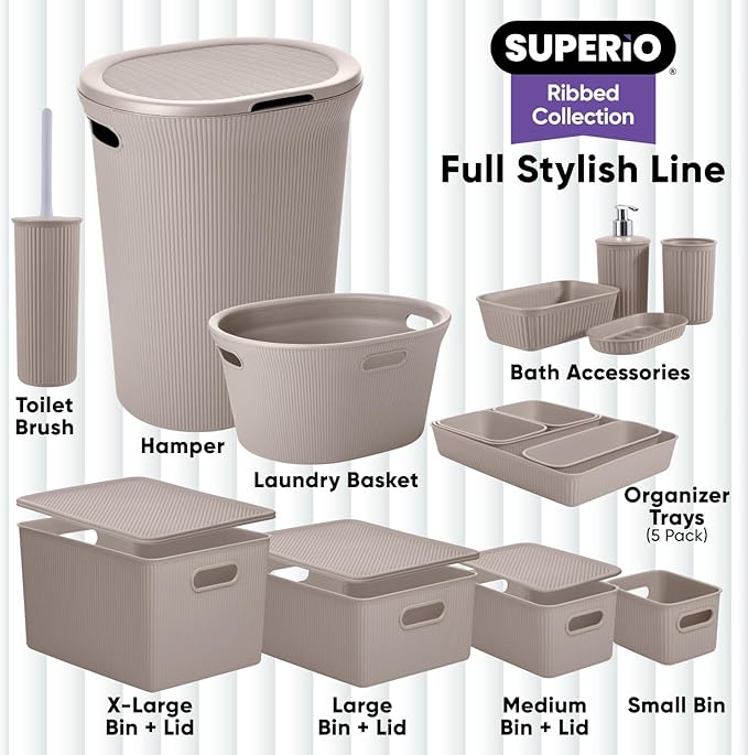 Superio Ribbed Collection - Decorative Plastic Basket Open Home Storage Bins Organizer, Medium Taupe (1 Pack) Container Boxes for Organizing Closet Storage Bins for Shelves Drawer Shelf 5 Liter