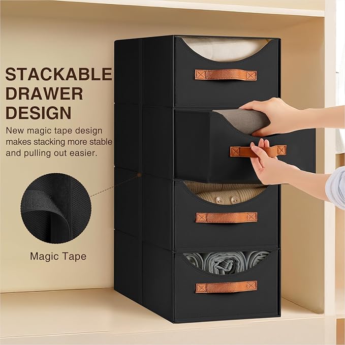 Closet Organizers and Storage - Large Stackable Storage Bins with Drawer, Fabric Bins for Organization, Collapsible Storage Drawers Organizer for Bedroom, Living Room, 4 Pack, Black