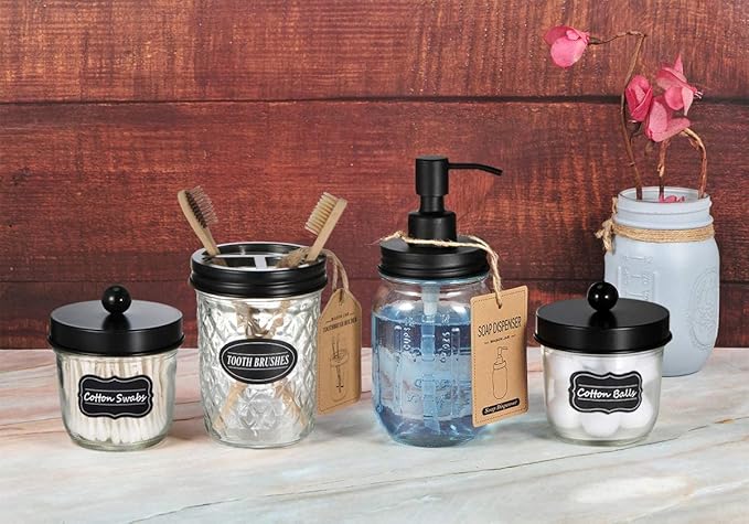 Amolliar Mason Jar Liquid Soap Dispenser Lid, 304 Stainless Steel Pump Lid for 16oz Regular Mouth Mason Jar, Rustic Farmhouse Decor, Hand Soap, Dish Soap, Lotion Soap, Black 6 Pack, Extra 3 Long Tubes