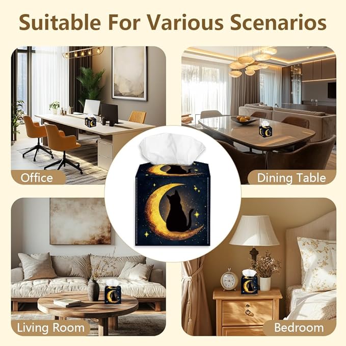 Moon Cat Tissue Box Holder, Starry Sky Square Tissue Box Cover Foldable Tissue Storage Box Waterproof Paper Towel Case Container Organizer Tissue Box Holder for Bedroom Office Car