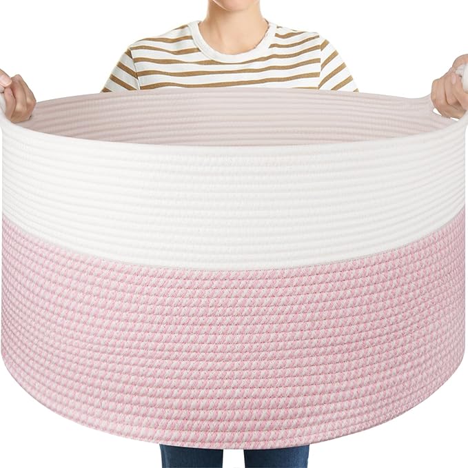 Large Blanket Storage Basket for Living Room, 22.8" x 22.8" x 13" Woven Cotton Rope Basket with Handles, Baby Toy Storage, Laundry Hamper for Clothes, Pillows, Towels-Pink and White