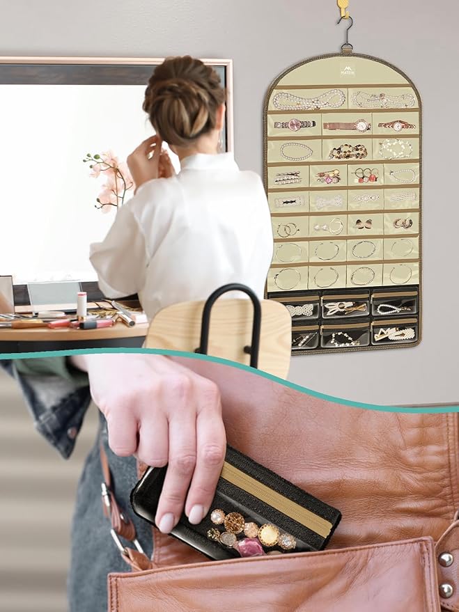 MATEIN Over the Door Jewelry Organizer with Travel Pouch, Double-Sided Hanging Necklace Earring Holder with Pockets, Large Jewelry Storage for Rings Bracelets, Valentines Gifts for Her, Beige-Brown