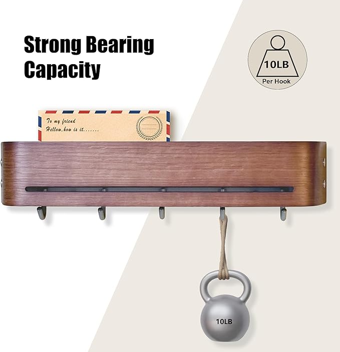 Modern Key Holder Wall Mount with 5 Retractable Hidden Hooks,Heavy Duty Coat Rack Wall Mount,Finland-Designed Entryway Organizer,17 inch,for Entryway, Living Room, Kitchen, Hallway,Oak,Walnut Finish