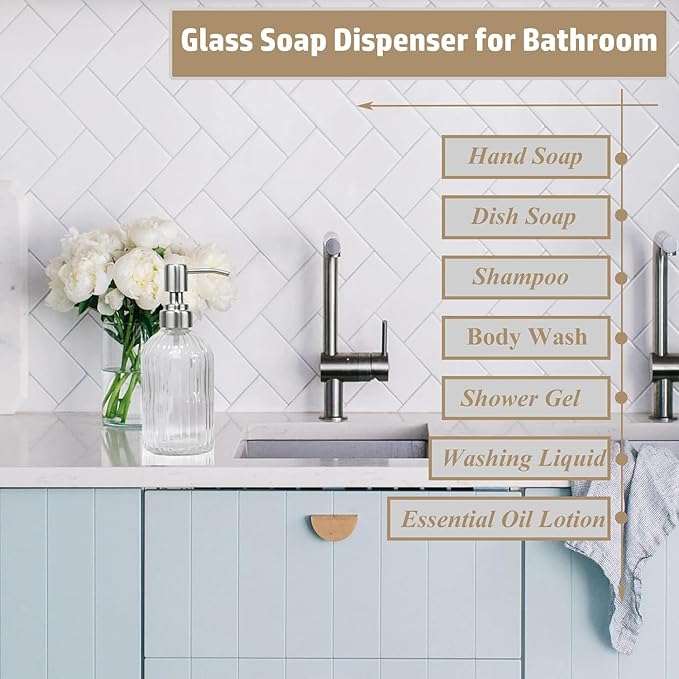 14Oz Clear Soap Dispenser Bathroom - 2 Pack, Clear Glass Hand Soap Dispensers with Stainless Steel Pump, Refillable Dish Soap Dispenser for Kitchen, Countertop Soap Dispensers