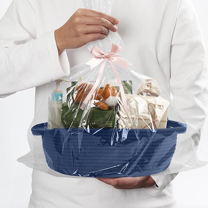 Dark Blue Small Woven Basket, 13â x 9â x 5â Baskets for Gifts Empty, Cotton Rope Gift Basket, Cute Nursery Baby Organizer, Cat Dog Toy Box, Oval Wicker Storage Bin with Handle