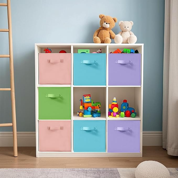11 Inch Fabric Storage Cubes, Sturdy Foldable Storage Bins, Heavy Duty Cube Organizer for Clothes, Blankets, Shelves, Closets, Bedroom, Living Room, Multi-Color, 10 Pack
