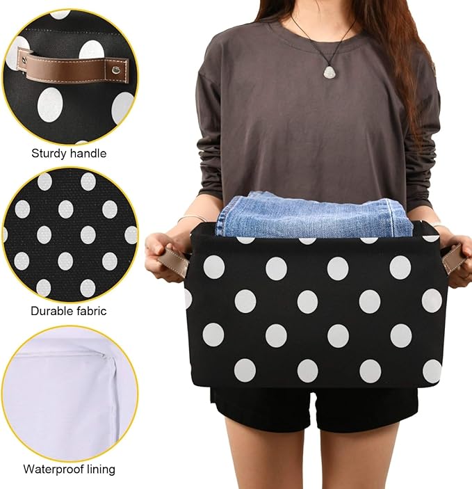 susiyo Large Foldable Storage Bin Black White Polka Dot Fabric Storage Baskets Collapsible Decorative Baskets Organizing Basket Bin with PU Handles for Shelves Home Closet Bedroom Living Room-2Pack
