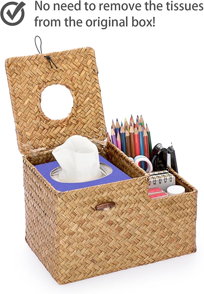 Sumnacon Square Woven Tissue Box Cover - Decorative Cube Tissue Box with Side Organizer, Rustic Seagrass Tissue Holder for Living Room Vanity Night Stand Table Countertop Office,Caramel