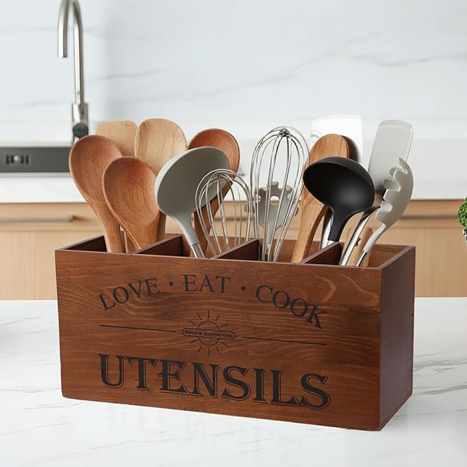 2 PC Wooden Utensil Holder,(With 4-Compartments size*1 + 3-Compartments size*1) Extra Large Kitchen Counter,Cooking Spatula Organizer,Farmhouse Decor, Rustic Cooking Utensil
