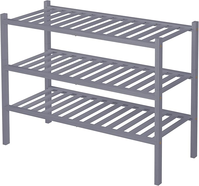3 Tier Bamboo Shoe Rack for Closet Free Standing Wood Shoe Shelf Storage Organizer for Entryway Small Space Stackable 27"x11"x20" (Grey)