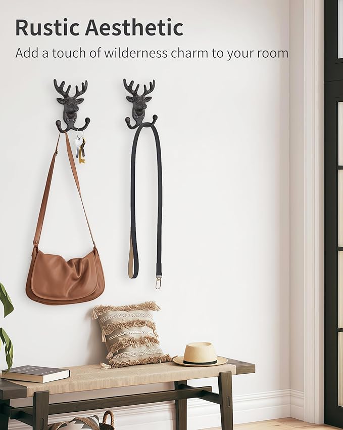 Rustic Deer Head Cast Iron Wall Hooks - Heavy Duty Decorative Coat Hooks Wall Mount for Hanging Key Hat Towel Leash, Vintage Animal Decor Hanger for Farmhouse Cottage Entryway Mudroom 2 Pack