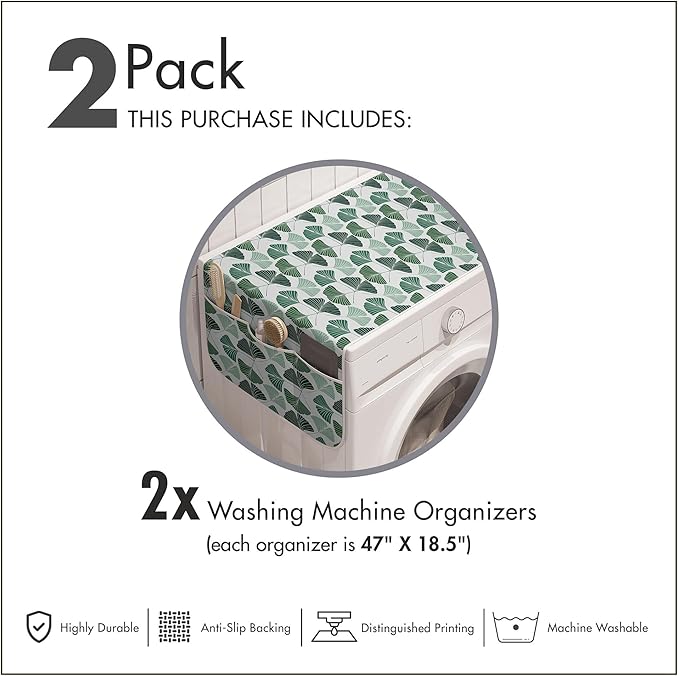 Ambesonne Gingko Washing Machine Organizer Pack of 2, Mother Nature Ginkgo Biloba Tree Leaves Homeopathic Therapy Foliage Pattern, Anti-Slip Cover for Washers Dryers, 47" x 18.5", White Green