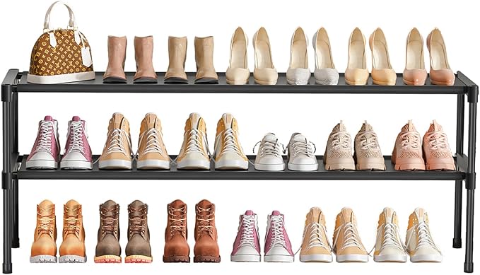 Extra Long Shoe Rack 2 Tier Shoe Storage Organizer Wide Stackable Shoe Organizer Racks for Closet Entryway,Shoe Shelf Stand Sturdy Durable Shoes Rack Holder Save Space