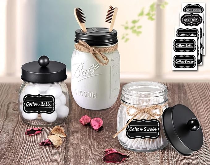 Mason Jar Bathroom Accessories Lids Set(4pcs) - Jars Not Included - Soap Dispenser,Toothbrush Holder, Apothecary Jars Lids for Regular Mouth Mason Jars - Rustproof Stainless Steel,Black