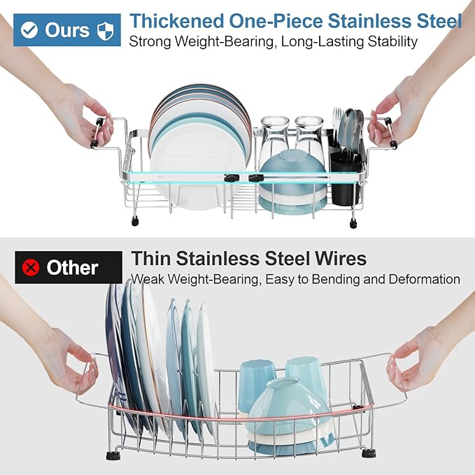 GSlife Small Sink Dish Drying Rack - 9" W Expandable Stainless Steel Compact Dish Drainer for RV, Apartment, Camper, Kitchen, Dish Strainer with Lock Knob, 11.9"-16.7" L, Silver