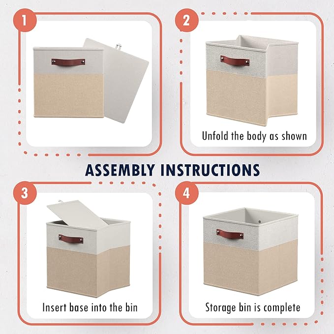 Ornavo Home 11 x 11 Storage Cube Bins, Foldable Collapsible Fabric Storage Bins Box Linen Shelf Basket Cube Organizer for Closet with Leather Handles, 6 Pack, White/Khaki