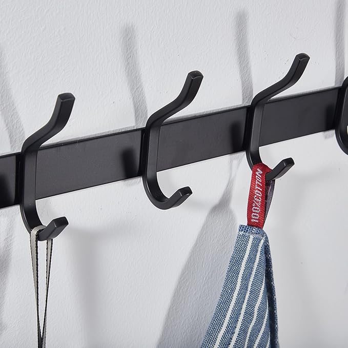 Black Wall Hooks, 12 Inch Coat Rack Wall Mount with 4 Hooks, Wall Hooks for Hanging Backpack, Bag, Purse, Clothes, Hat, Coat, Towel | Entryway & Bathroom Storage Organization Hanger